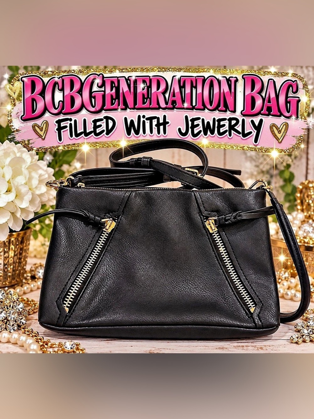 New BCBGeneration Black Shoulder Bag with Gold-Tone Hardware filled with jewelr